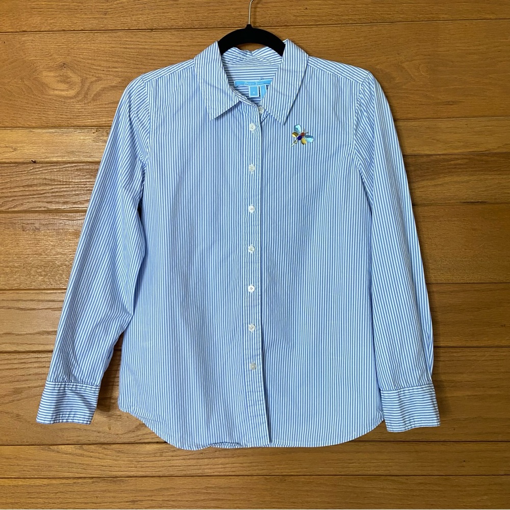 Draper James blue striped dragonfly blue and white button up top